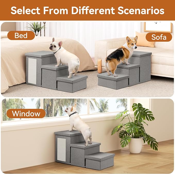 Zerbuger Dog Stairs with Storage, Grey Cat Scratcher 3 Steps Ramp no Condo | 18" H Wider Dog Steps for High Beds Couch, Folding Storage Pet Stairs Gift for Climbing Small/Medium/Large Old Dogs Cats