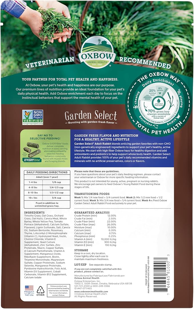 Oxbow Garden Select Rabbit Food, Adult Rabbit, Made with Oxbow Timothy Hay, Vitamin & Mineral Rich Pet Food Pellets, Bunny Supplies, Made in USA, High Fiber, 4 lb Bag