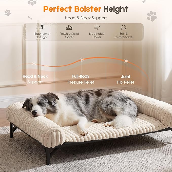 Elevated Dog Bed with Removable Fluffy Pillow Cushion, Raised Pet Cot Washable Bolster, Dog Couch Sofa, Anti Slip Feet, Breathable Mesh, Cream, 49"×36"