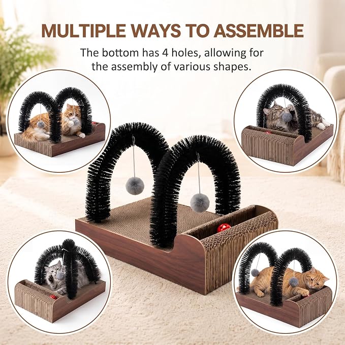 Sadnyy Cat Self Groomer with 2 Arch Grooming Brushes and Scratcher Pad, for Cat Back and Face Scratcher Massager with 2 Plush Balls, Pet Rubbing Post for Indoor Outdoor Kitten Small Dog