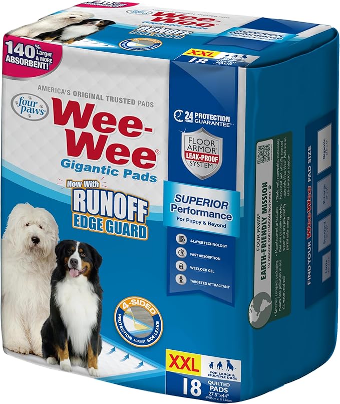 Four Paws Wee-Wee Superior Performance Gigantic Dog Pee Pads, 18 Count | Puppy & dog potty training pads, all day floor protection, housebreaking pet supplies, leak-proof puppy pads, 27.5" x 44"