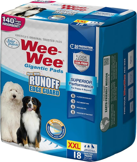 Four Paws Wee-Wee Superior Performance Gigantic Dog Pee Pads, 18 Count | Puppy & dog potty training pads, all day floor protection, housebreaking pet supplies, leak-proof puppy pads, 27.5" x 44"