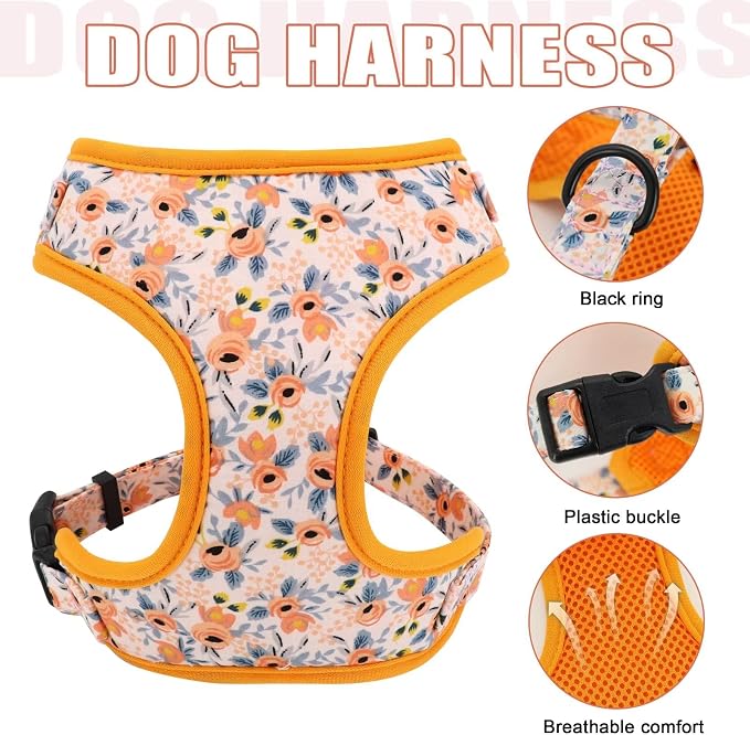 Beirui Cute Dog Collars,Harnesses,Leashes Set, Floral Pattern, Orange,S | Girl Dog Harness Set with Flower, Adjustable and Soft Mesh Lining, For Small Dogs Daily Walks