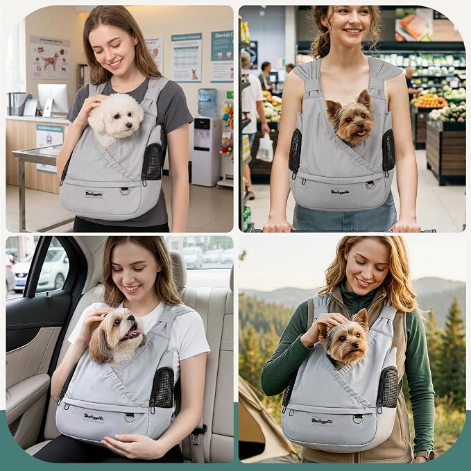 Small Dog Sling Carrier, Hands-Free, Gray, 4-13Lbs | Adjustable Bottom Support Front Backpack with Storage Pocket, Anti-Anxiety Breathable Side Mesh, Reduces Back & Neck Pain