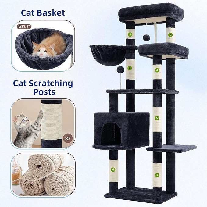 Gitelsnour Cat Tree for Indoor Cats, 55.1 inch Cat Tower with 7 Sisal Scratching Posts, Multi-level Cat Condo wit Large Play Platform Furry Ball, Cat Cave, 2 Padded Perches, Basket, Smoky Gray GCT013G