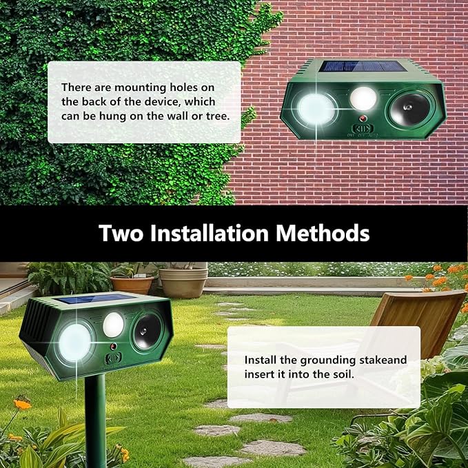 2 Pack 2025 Solar Ultrasonic Animal Repellent Outdoor, Cat Deterrent Deer Repeller with Motion Detection Flash Light for Dog Cat Deer Bird Rabbit Skunk Raccoon Coyote Woodpecker Squirrel, Safe for Pet