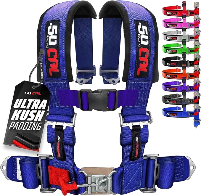 1pc 50 Cal Blue 4 Point Harness 3 inch straps, Racing Harness Seat Belt | Ultra Kush padding, Push Button quick release hardware. Universal Fit for UTV, RZR, race car