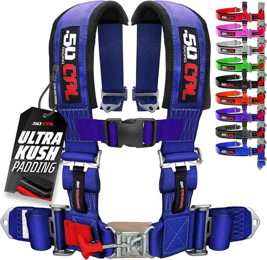 1pc 50 Cal Blue 4 Point Harness 2" straps, Racing Harness Seat Belt | Ultra Kush padding, Push Button quick release hardware. Universal Fit for UTV, RZR, race car