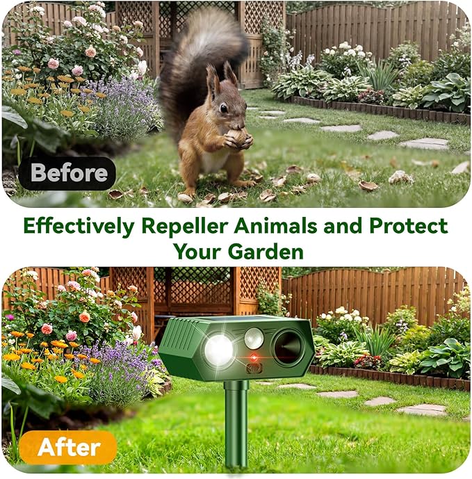2026 Upgraded Solar Ultrasonic Animal Repeller Outdoor, Waterproof Motion Activated Repellent with Flash Light for Deer Cat Squirrel Raccoon Rabbit Dog Garden Yard (4-Pack)