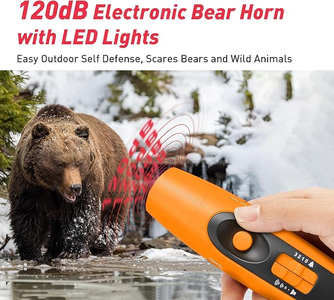 StarWorld Rechargeable Bear Horn - 120dB Electronic Air Horn for Bears with 4 Volume Levels & 3 Tones, Audible 0.5 Miles, LED Safety Light for Hiking, Camping, Wildlife Defense (Orange)