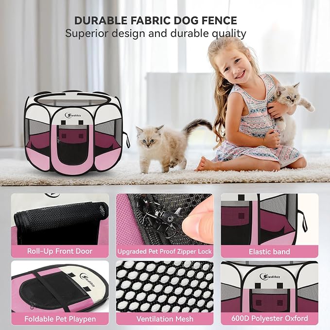 Sieidihit Dog Cat Pet Playpen Puppy Crate Cage Indoor Outdoor, Small Pink | Rest Zone for Recovering Pets New Pet Quarantine Room Portable Pop Up Easy to Set up lightweight dog Kennel with Carrying Bag
