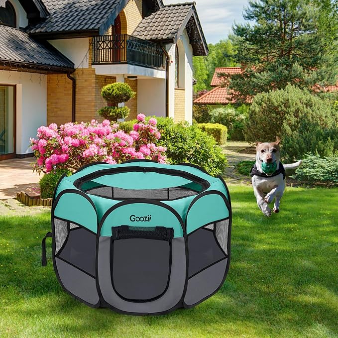 Goozii Pet Cat Playpen for Indoor Cats Enclosed, Puppy Dog Play Pen for Outdoor Travel Camping (Medium Size, Green & Dark Grey)