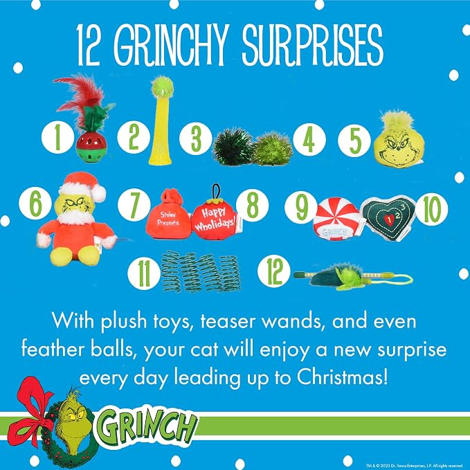 Dr. Seuss for Pets How the Grinch Stole Christmas Cat Advent Box with 12 Surprise Toys and Accessories Cat Stocking Stuffers, Cat Christmas Gifts, Christmas Gifts for Cats