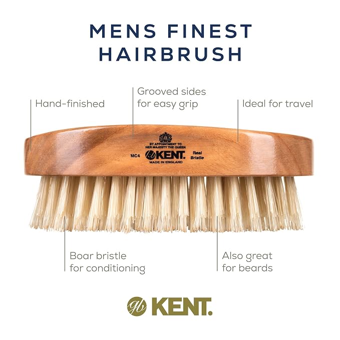 Kent MC4 Men's Hair and Beard Brush Kit: Exfoliating Natural Boar Bristle Hair Brush, Cherrywood Base with Firm Bristles for Coarse Hair Types - LPC3 Brush Cleaner - Premium Grooming Set