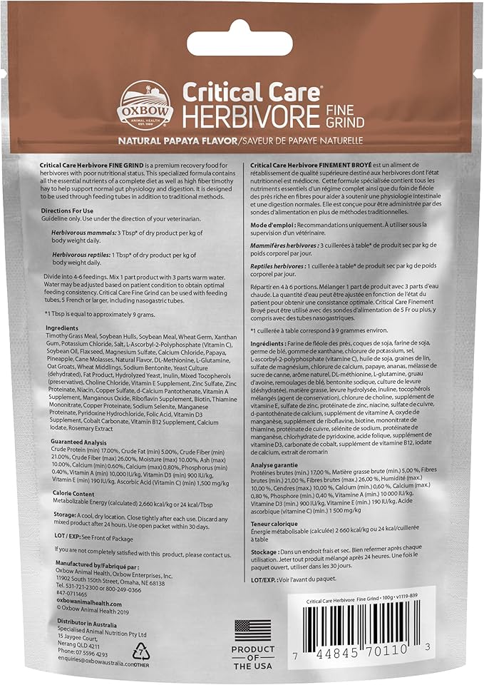 Oxbow Critical Care Herbivore, Fine Grind, Emergency Rabbit & Guinea Pig Food, Made with Timothy Hay, Natural Papaya Flavor, Assist Feeding Formula for Pets, 100 gram bag