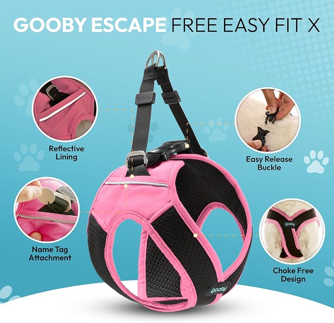 Gooby Escape Free Easy Fit X Step-in Dog Harness, Flamingo Pink, Large | Patented escape-free, tightens on back-out; Choke-free X-frame + V-neck; Quick-release buckle; Reflective trim