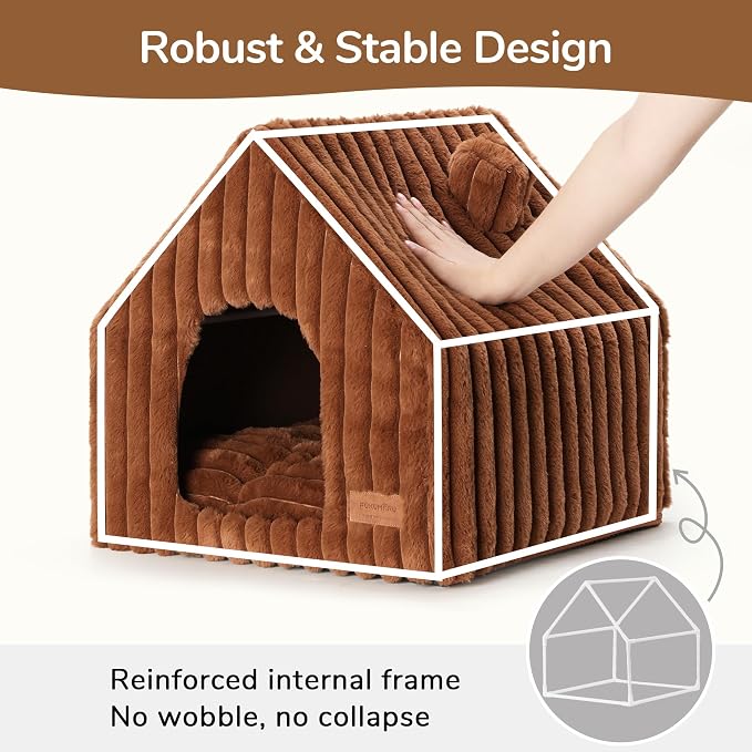 FUKUMARU Cat Bed Cave, Enclosed Washable Covered Dog Bed with Support Frame | Large Cat House for Indoor Cats, Cozy Cat Hideaway for Anxious Cats, Soft Plush Faux Fur Cat Tent Bed, Non-Slip Bottom, Brown