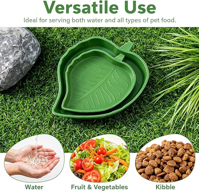 Xindojuz 4 PCS Leaf Reptile Water Dish, Reptile Water Bowl, Tortoise Habitat Accessories, Bearded Dragon Water-Bowl, Pet Food Feeding Plate for Turtle Small Snake Lizard Gecko, 2 Sizes