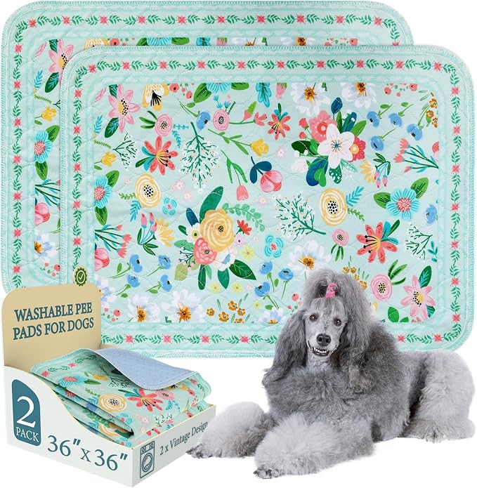 Homimp Washable Pee Pads for Dogs,2 Pack Spring Floral Reusable Puppy Pads Waterproof,Absorbent and Leakproof Dog Pee Pads,Non Slip Puppy Training Pads,Pet Mat for Floor,Whelping,Teal 36"x36"