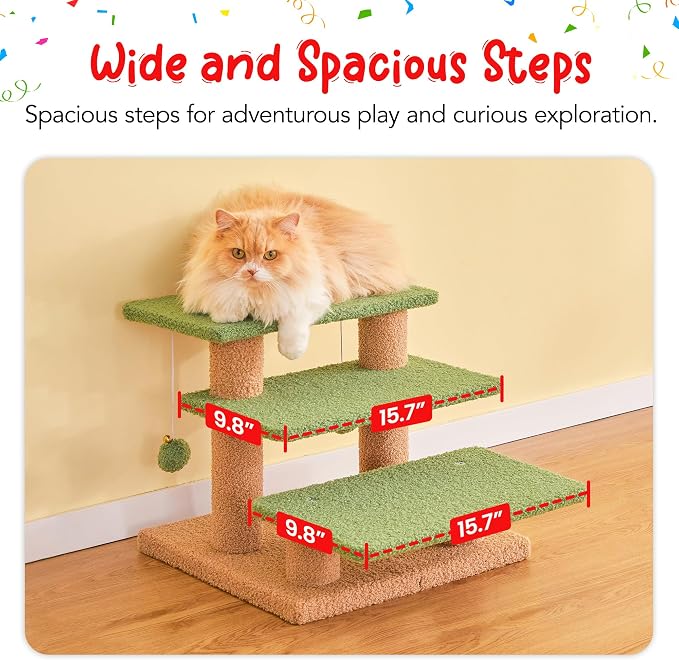 15''H Green Multi-Step Pet Stairs for High Beds & Sofas, 3-Step Cat Stairs with 2 Toy Balls, Wide Boards for Indoor Kittens Dogs Pets Climbing