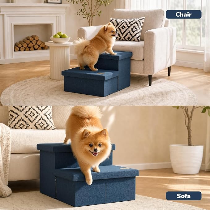 2-Step Wide Dog Stairs with Storage 11" H, Non-Slip Sturdy Pet Steps for Couch Chair, Dog Steps for Small/Medium Old Dogs, Cats, Rabbits Up to 150lbs, Foldable Cat Puppy Stairs for Car, Navy