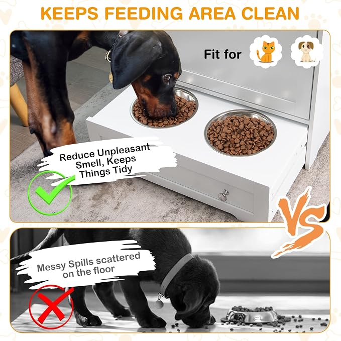 Tangkula Pet Feeder Station, Dog Food Storage Container with Double Pull Out Dog Bowls, Pet Food Toy Organizer Cabinet, Pet Feeding Station Furniture for Dogs Cats Feeding & Watering Supplies (White)
