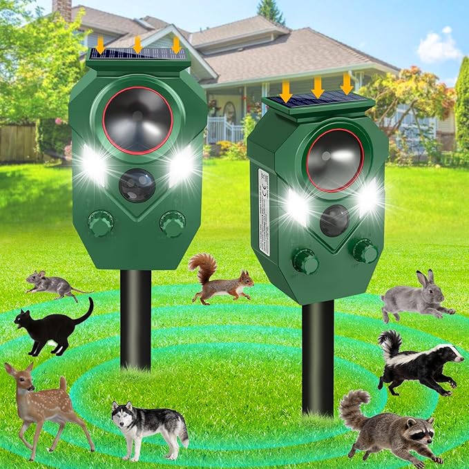 Ultrasonic Animal Repeller Outdoor,Cat Repellent & Deterrent with PIR Sensor & Flashing Light,Solar Powered Deer Repellent Device for Squirrels,Raccoons,Skunks,Rabbits,and Dog,IP65 Waterproof - 2 Pack