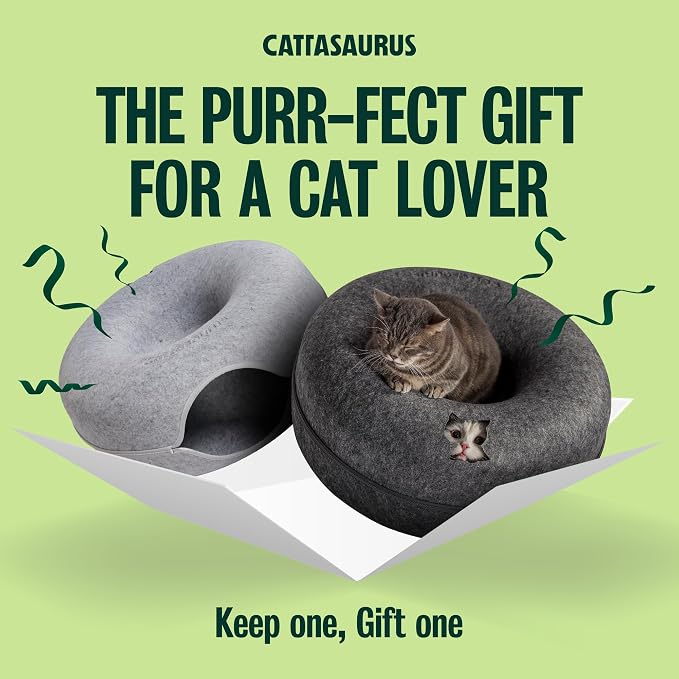 Peekaboo Cat Cave Donut for Multiple & Large Cats up to 30-45 lbs, 3-in-1 Self Warming Cat Bed, Tunnel & Scratcher for Indoor Cats, Washable & Detachable (Light Gray + Dark Gray, Large)