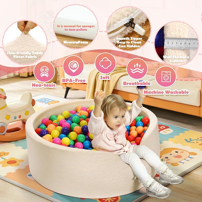 Imitation Teddy Colours Foam Ball Pits 35.4"x 11.8" Soft Round Playpen for Toddlers Dogs Cats with Soft Memory Sponge Indoor and Outdoor Game Beige(Balls not Included)