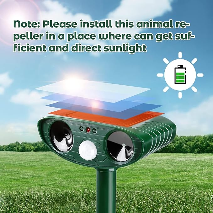 4 Pack Solar Ultrasonic Animal Repellent Outdoor Deer Repellent Devices Cat Repeller Raccoon Deer Deterrent for Squirrel, Rabbit, Dog, Waterproof with Motion Detector for Yard