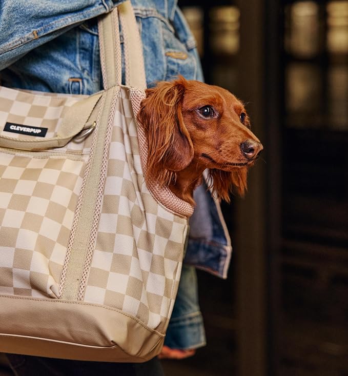 Transit Tote Dog Carrier for Small Dogs Under 8 lbs, 16x11x8 Soft-Sided 4-Pc Set with Waterproof Base, Plush Insert, Food Pouch, Mesh Head Opening - Small, Checkerboard