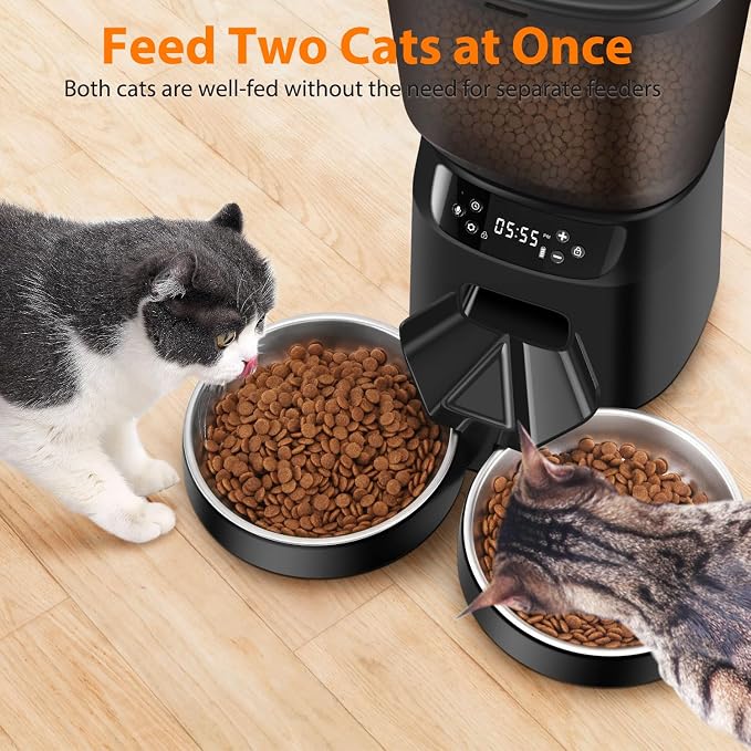 Automatic Cat Feeders for Two Cats, 5L/20 Cups Double Automatic Cat Food Dispenser with 2 Stainless Bowls, Timer Setting 20 Portions 6 Meals Per Day, 10s Meal Call (Black)