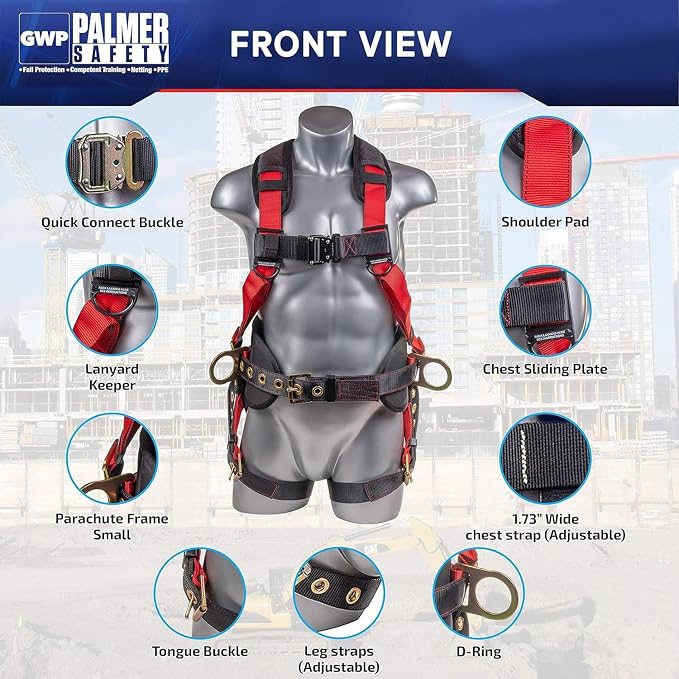 Fall Protection Hammerhead Kit I 5pt Safety Harness, 6' Double Leg Lanyard, 18" D-Ring Extender (Red - XLG)