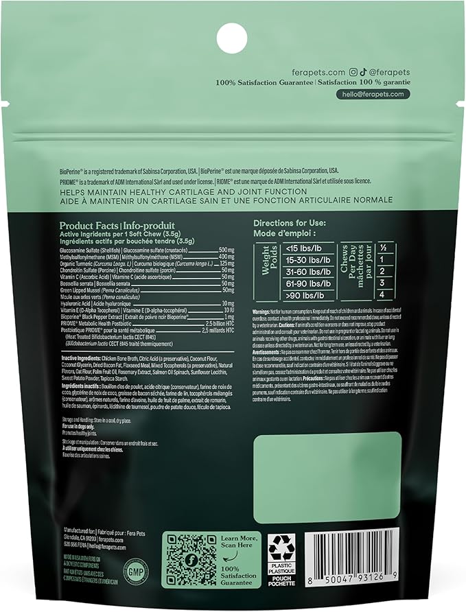 Fera Pets Hip & Joint Supplement for Dogs with Glucosamine, MSM, Chondroitin, & Green Lipped Mussel - Supports Healthy Joints and Weight Management - 10 Soft Chews
