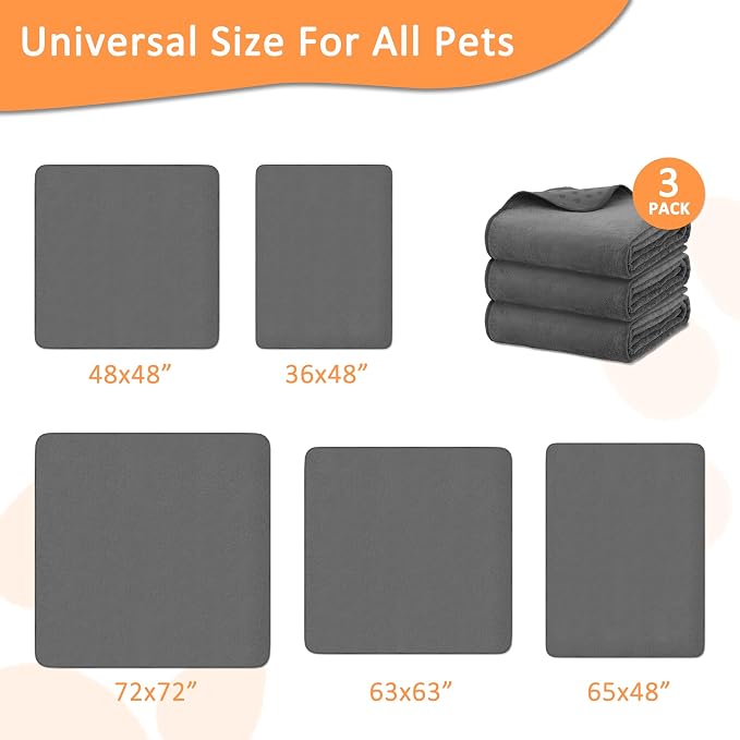 Bunlitent Washable Pee Pads for Dogs, 72'' x 72'', 3 Packs, Extra Large | Grey, Extra Large, Quick-Dry, Non-Slip, Waterproof Reusable, Quick Dry, For Puppy, Senior Dog, Incontinence, Whelping Pads