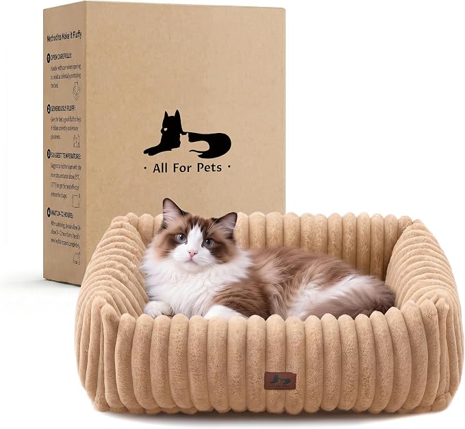 Cute Dog Bed for Small Dogs & Cats,Washable Fluffy Cat Beds for Indoor Cats, Rectangle Orthopedic Memory Foam Puppy Beds with Anti-Slip Bottom, 20 x19 x 7 Inches, Camel