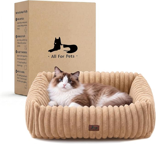 Cute Dog Bed for Small Dogs & Cats,Washable Fluffy Cat Beds for Indoor Cats, Rectangle Orthopedic Memory Foam Puppy Beds with Anti-Slip Bottom, 20 x19 x 7 Inches, Camel