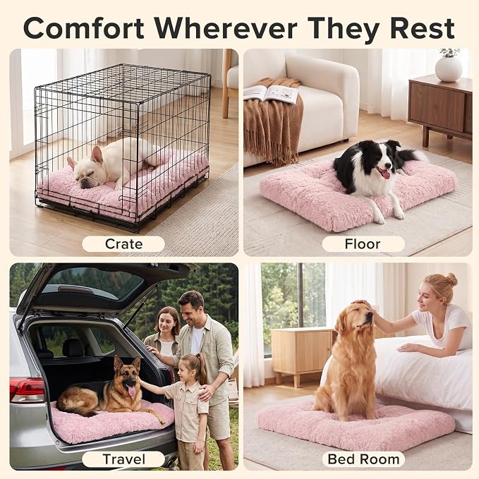JOEJOY Large Dog Bed Crate Pad, Deluxe Plush Washable Dog Beds Fulffy Soft Kennel Pad Anti-Slip Pet Sleeping Mat for Extra Large Medium Small Dogs, 47" x 29", Pink