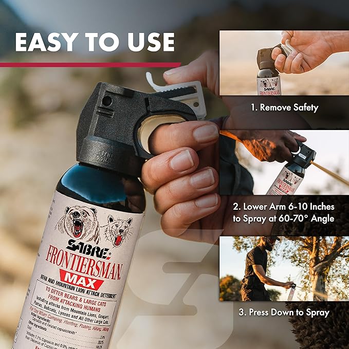 SABRE Frontiersman MAX Bear Spray – Portée de 12 mètres, Puissance Maximale, Le Seul Spray Homologué par l'EPA pour les Ours et les Pumas, 224 g, Clip de Sécurité Lumineux, Protection pour la Randonnée et le Camping en Plein Air