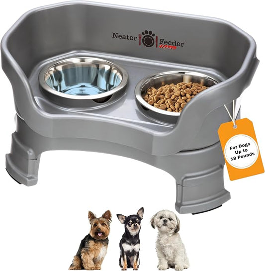 Neater Feeder Deluxe Mess-Proof Elevated Dog Bowls for Small Dogs (Up to 19 lbs), 2 Height Adjustable (6” & 7.5”) No-Spill Raised Dog Bowl Stand, Stainless Steel Food Bowl Set, Made in USA, Gunmetal