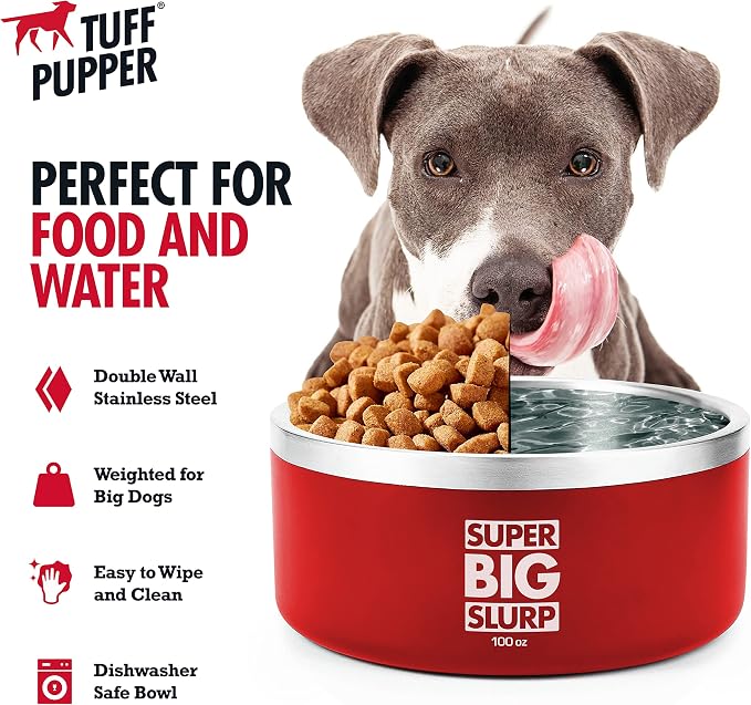 Tuff Pupper 100 oz Heavy Duty Insulated Stainless Steel Dog Bowl for Large Dogs, Non-Slip Base, Dishwasher Safe