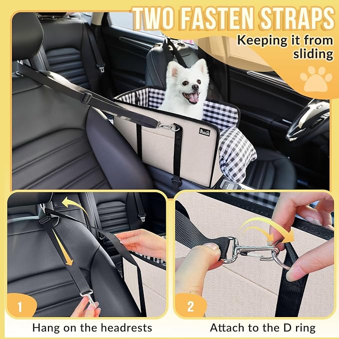 SlowTon Console Dog Car Seat, Dog Booster Seat for Small Dogs Under 11lbs | Portable, Safety Features for Anti-Collapse, Hard Bootm for Excellent Support, with Washable Cushion Built in Seat Belt