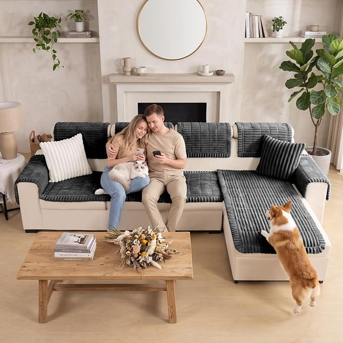 FUANGUI 2 Pack Waterproof Couch Cover for Dogs Pets Sofa Protector | Non-Slip Washable Fuzzy Soft Sofa Slipcover for 2 PCS L Shaped Sofa Pet Friendly, 27.6" x 59.1"+27.6" x 70.9", Dark Grey