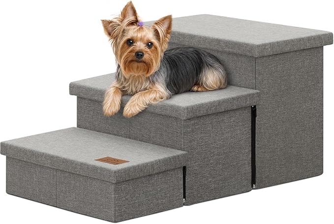 Zerbuger Dog Stairs with Storage, Small Grey 3 Steps Dog Ramp no Condo | 18" H Wider Dog Steps for High Beds Couch, Folding Storage Pet Stairs Gift for Climbing Small/Medium/Large Old Dogs Cats