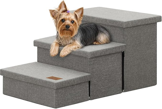 Zerbuger Dog Stairs with Storage, Small Grey 3 Steps Dog Ramp no Condo | 18" H Wider Dog Steps for High Beds Couch, Folding Storage Pet Stairs Gift for Climbing Small/Medium/Large Old Dogs Cats