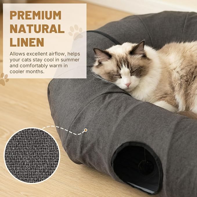 Extra Large Cat Tunnel, Cooling Natural Linen Big Tunnel for Cats 47.2in | Multi-Cat Family Long Cat Tunnel Bed with Washable Mat, Breathable & Durable Big Cat Tunnel for Cats, Dark Grey