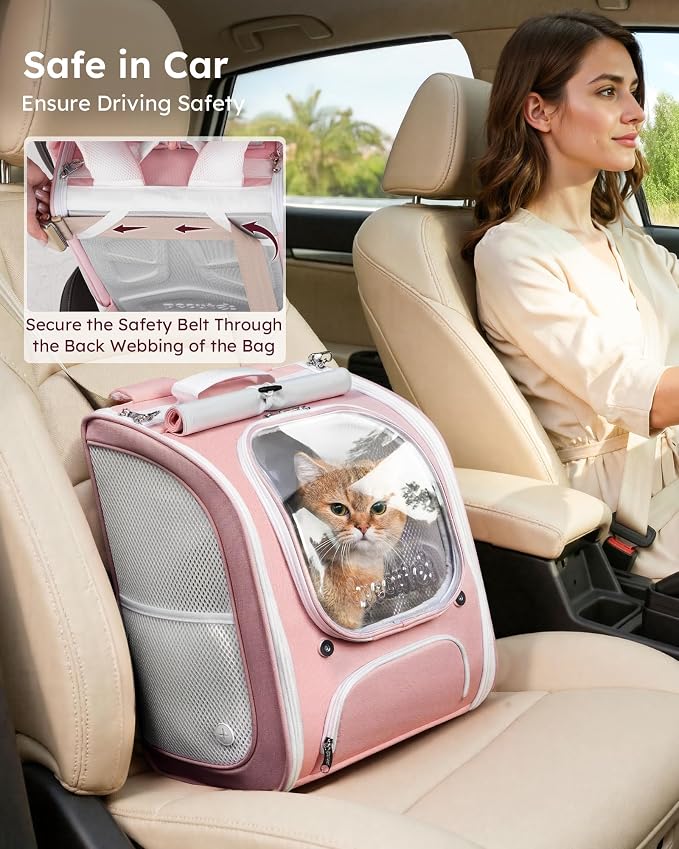 Pecute Cat Backpack Carrier,Large Space Cat Bubble Backpack,Ergonomic,Pink | Sunshade Curtain,Transparent Window,Safety Rope,Sturdy,Large Mesh on Both Sides for Breathability,Suitable for Outdoor,Vet