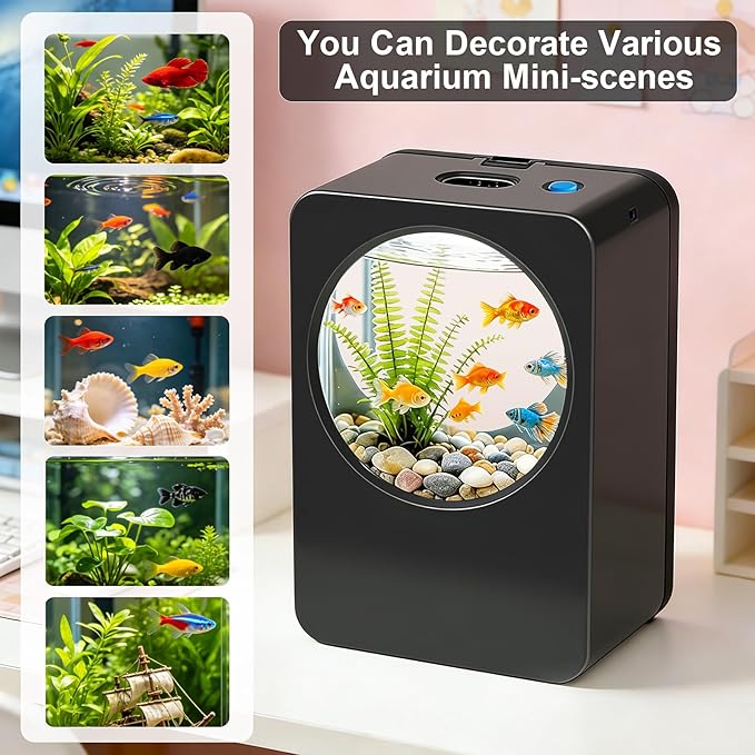 Betta Fish Tank 0.3 Gallon mini Desktop Fish Tank, Aquarium Starter Kits, Small Fish Tank for Office, Home, Bedroom, School, Store, Outdoor Garden, Lawn
