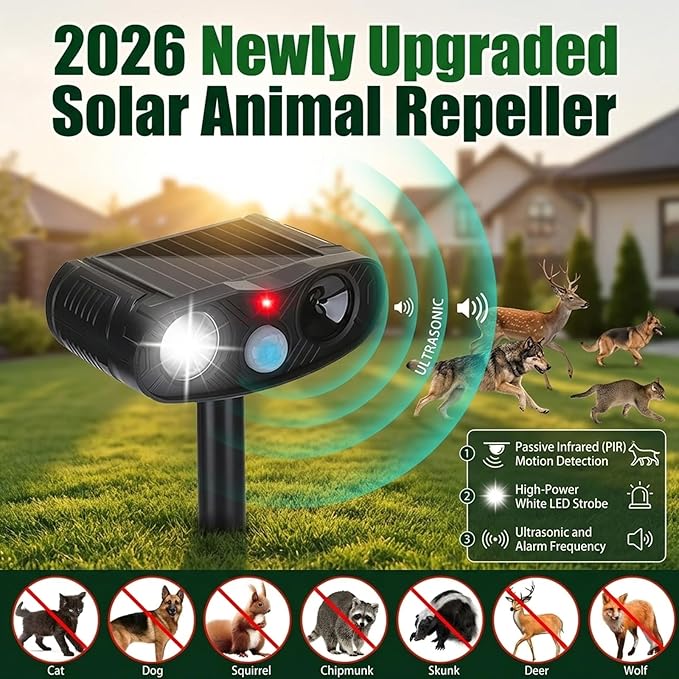 2026 Solar Ultrasonic Cat Repellent, Deer Repellent Devices Outdoor, 4Pack Solar Animal Repeller Motion Detection Cat Squirrel Dog Repellent Deterrent with LED Flash Lights for Yard (Black)