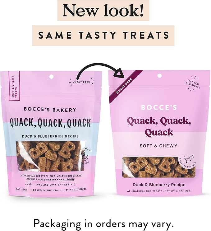 Bocce's Bakery Oven Baked Quack Quack Quack Dog Treats - Natural, Real Ingredient, Wheat-Free Soft & Chewy Cookies - Baked in The USA, Duck & Blueberry Flavor, 6 oz